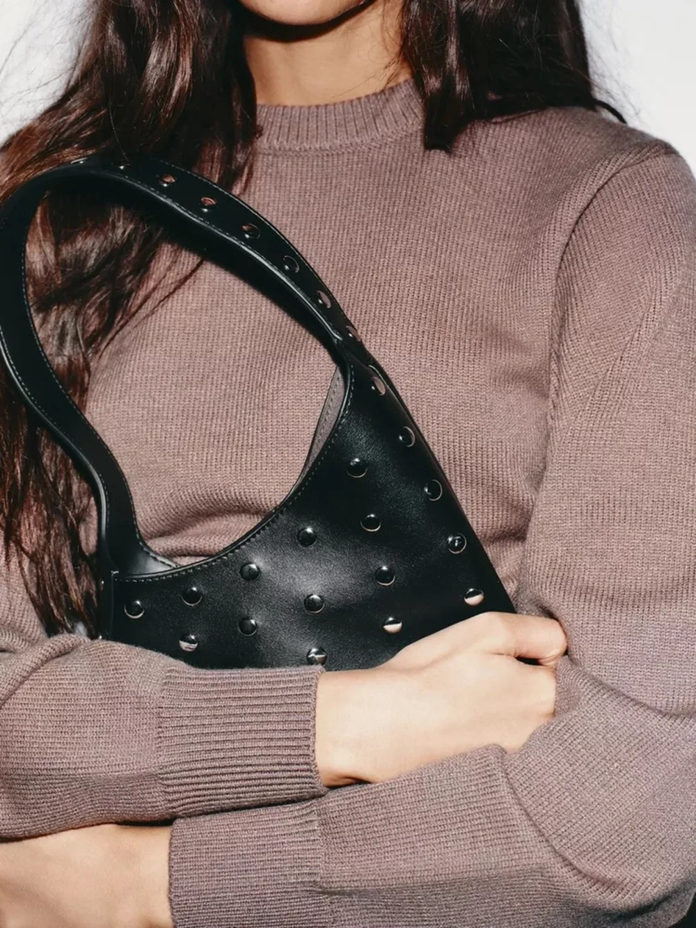 Zara Faux Leather Black Studded Shoulder Bag with Detachable Pouch